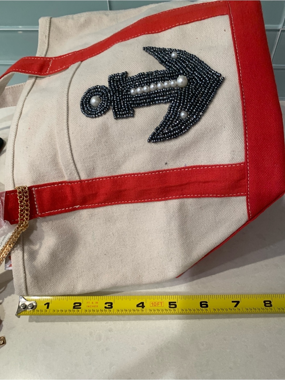 Small Canvas Tote Beaded Nautical Anchor Red Trim and Beaded Chain Pouch NWT - Picture 4 of 14
